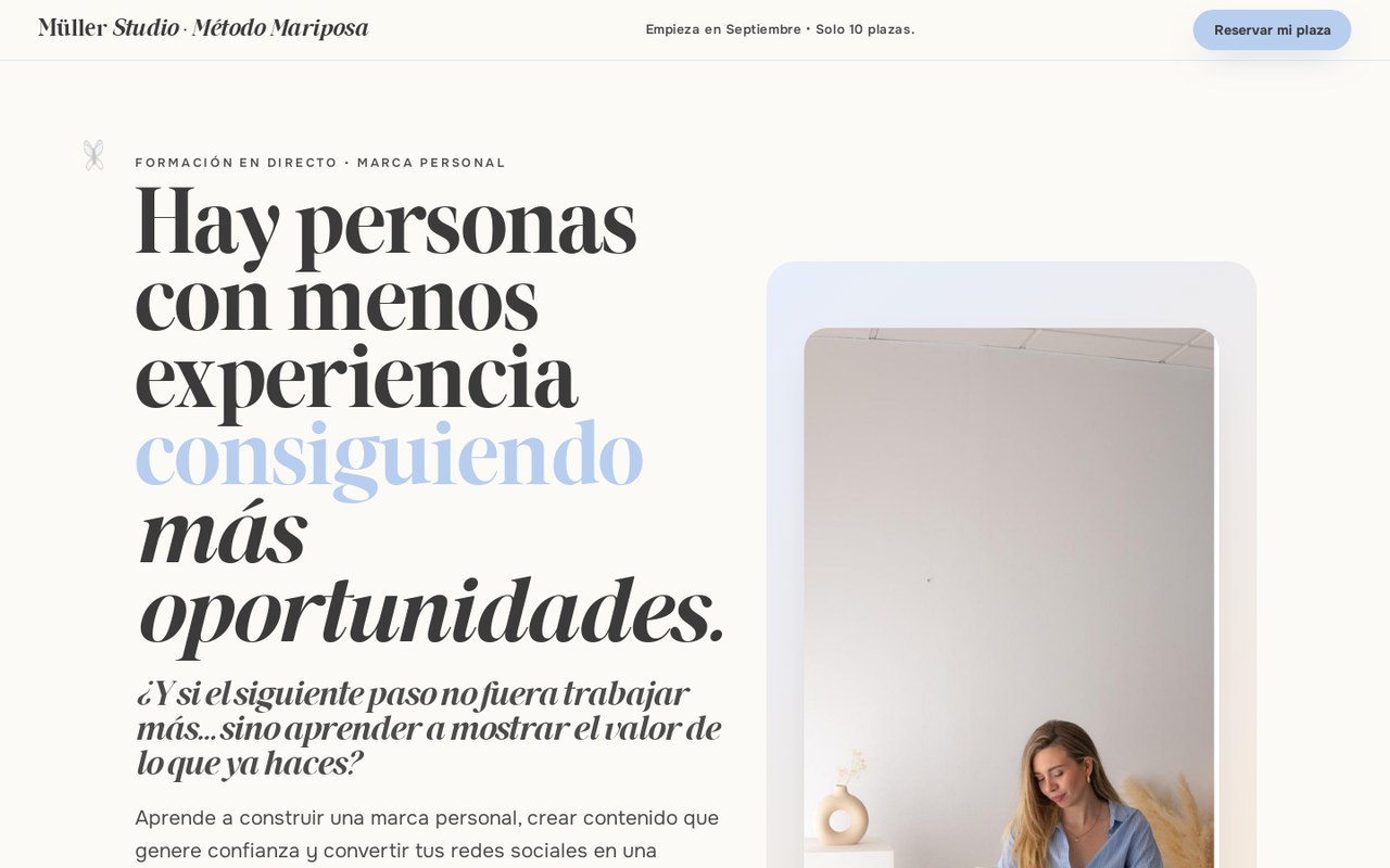 Landing de captación de Müller Studio · Método Mariposa, curso de marca personal